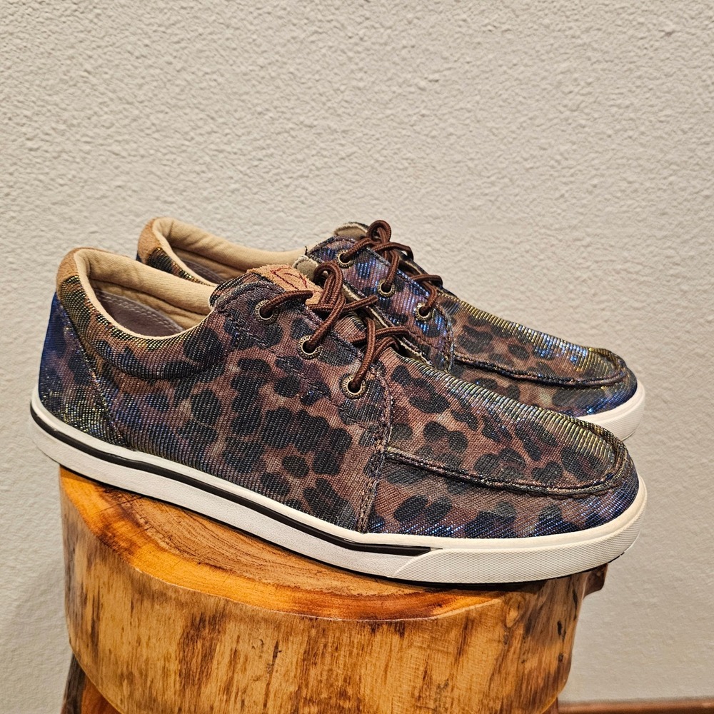 Twisted X Kicks Womens 9.5 Leopard Metallic Shimmer Moc Toe Shoes WCA0023 Brown